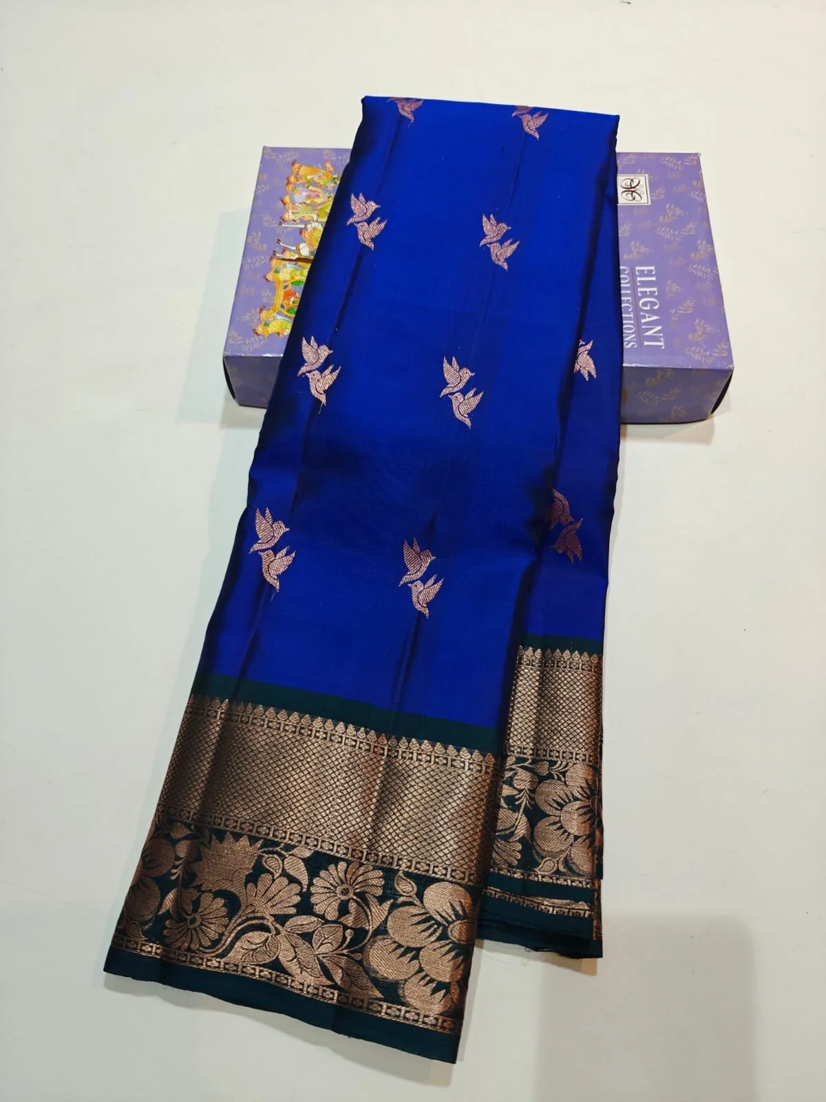 Gold Zari-Woven Flying Bird Motifs Kanchi Soft Silk Saree
